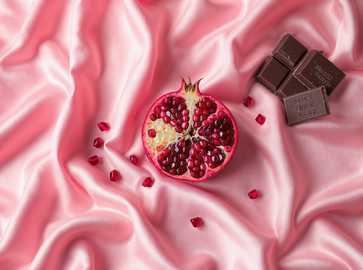 Open pomegranate and dark chocolate on pink satin bedsheets, good for women’s pleasure too.